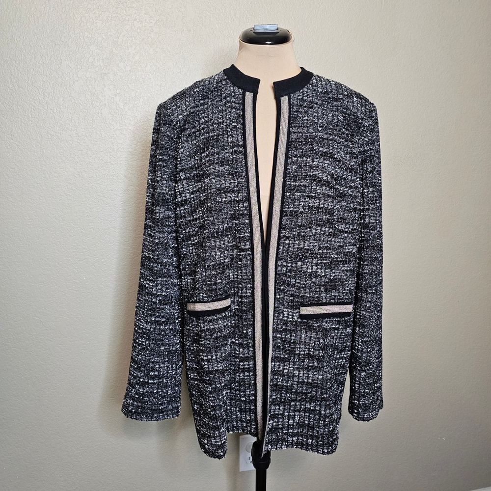 Misook Collection Black Silver Metallic‎ Tweed Knit Jacket Open Cardigan Large